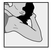 Black and white drawing of a person with dark hair placing their hand on the back of the neck with the arm bent toward the face