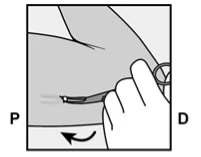 Medical illustration showing a hand rotating an injection device to the left on the skin surface with a directional arrow