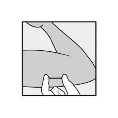 Stylized drawing of a hand holding a syringe horizontally on the upper arm for medical administration