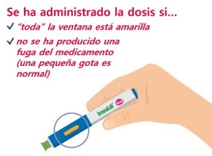 Testo in rosso su sfondo bianco con una mano che tiene un dispositivo di iniezione bianco e blu chiamato Imraldi con un cerchio intorno alla base