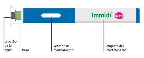 Dispositivo medico cilindrico blu e bianco con etichetta Imraldi 40 mg, base, tappo del