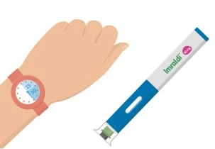 Illustrazione di un braccio con un orologio al polso accanto a una penna iniettiva Imraldi di colore bianco e blu su sfondo bianco