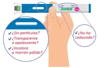 Una mano tiene una penna iniettiva Imraldi con ingrandimenti che mostrano i controlli su particelle, trasparenza, colore e data di scadenza