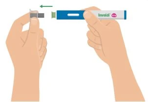 Due mani separano o uniscono un dispositivo medico blu e bianco con il marchio Imraldi indicato da una freccia verde orizzontale