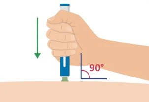 Una mano impugna una penna iniettiva verticalmente a 90 gradi rispetto alla pelle con una freccia verde che indica il movimento verso il basso