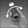 A hand holds a medical vial with a curved white arrow indicating a clockwise and counterclockwise rotational movement