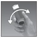 One hand holds a cylindrical vial, rotating it clockwise as shown by a white double-pointed curved arrow