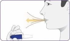 Profile of a man exhaling air from his mouth into a medical device held in both hands for