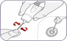Technical drawing showing a hand rotating a medical device over a finger and another hand pressing an applicator onto a circular surface