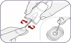 Technical drawing showing two hands handling a medical device with a curved red arrow and a perforated circle on the skin