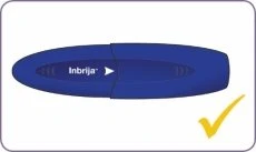 Elongated blue medical device with the label 'Inbrija' and a white arrow next to a yellow checkmark in the bottom right corner