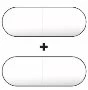 Two white elongated capsules placed horizontally with a black plus sign positioned between them