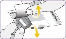Two hands opening an Inbrija capsule blister by lifting two paper flaps in the direction indicated by yellow arrows