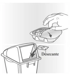 A hand lifting the cap of a container to insert a desiccant sachet