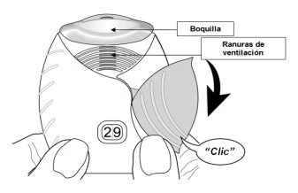 Technical drawing of a medical device labeled Boquilla and Ranuras de ventilación, with an arrow indicating downward movement accompanied by a 'Clic' sound