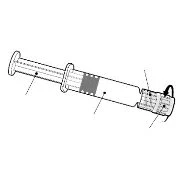 Technical drawing of a syringe with thin lines indicating the plunger, the cylindrical barrel, and the
