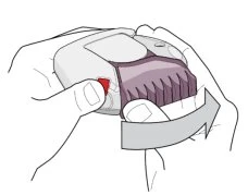 Due mani tengono un dispositivo medico bianco e viola con una freccia grigia che indica un movimento rotatorio verso destra
