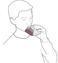 Disegno lineare di un uomo che beve il contenuto di un flacone o contenitore tenuto con la mano destra portato alla bocca
