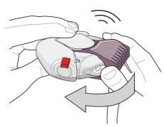 Due mani tengono un dispositivo medico bianco e viola ruotandolo avanti e indietro come indicato da una freccia curva grigia e linee di movimento