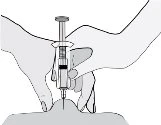 Two hands holding a syringe in vertical position to inject its contents through the