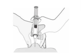 Two hands holding a pre-filled syringe to inject the medication through the skin of the abdominal or thigh area