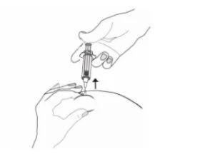 One hand holding a syringe vertically to inject liquid into the upper shoulder area of an arm that is resting