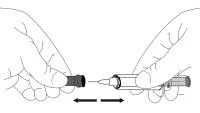 Two hands separating a protective cap from the body of an injection pen, with a black double-headed arrow between the two components
