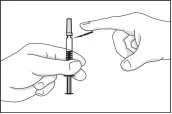 One hand holds a syringe vertically while the