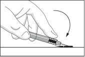 One hand holding an injection pen tilted toward a flat surface, with a curved arrow indicating a downward pressing motion
