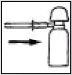 Schematic drawing of a syringe with needle being inserted into the neck of a medicine vial, indicated by a black arrow pointing to the right