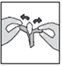 Two hands holding and separating the ends of a T-shaped medical device with arrows indicating the opening movement outward