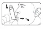 Disegno schematico di un volto che utilizza un inalatore tenuto con la mano, con frecce che indicano il movimento verso l'alto