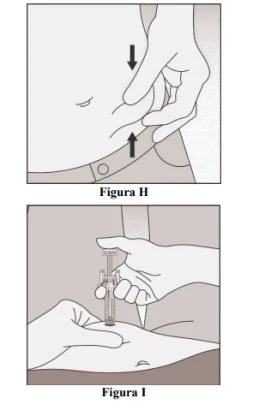 Disegno medico con due figure: una mano pizzica la pelle dell'addome per preparare un'iniezione sottocutanea