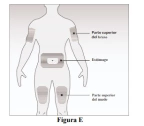 Diagramma del corpo umano che indica le zone di iniezione: parte superiore del braccio, addome e parte superiore della coscia