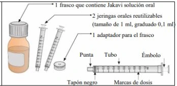 Vial of Jakavi, two 1 ml oral syringes, a vial adapter, and a detailed diagram of a syringe showing tip, tube, plunger, and dosage markings