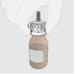A hand pressing down a metal device onto the cap of a glass vial containing amber liquid