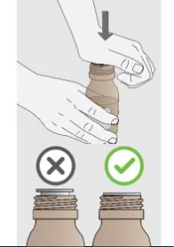 Two hands holding a vial with a downward arrow and two icons below showing an error symbol and a checkmark on the cap