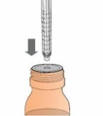 A transparent syringe with graduations being moved with an arrow toward the stopper of an amber glass vial