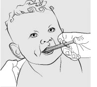Line drawing of a newborn with a hand inserting a needleless syringe into the baby's mouth to administer a liquid medication