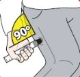 Una mano impugna una penna iniettiva per applicarla sulla parte superiore della coscia con un angolo di 90 gradi rispetto alla pelle