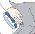 Illustrazione di una mano che massaggia la zona addominale con una freccia curva blu che indica un movimento rotatorio