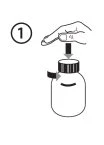 Disegno tecnico che mostra una mano che preme il dito sul tappo di un flacone medico con una freccia rivolta verso il basso e il numero 1