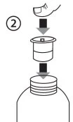 Diagramma con numero 2 che mostra una mano che spinge un cappuccio cilindrico verso il basso sopra il collo di un flacone medico