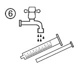 Disegno tecnico con il numero 6 che mostra un rubinetto aperto con gocce d'acqua che cadono