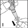 A hand holding a syringe with a needle and an arrow indicating direction