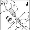 Hands holding an injection pen to connect it to a drug vial via a connector in a black-and-white technical drawing