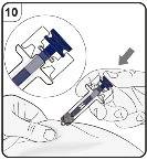 Technical drawing showing a hand holding a syringe to inject medication into the skin with a close-up of the upper mechanism