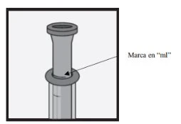 Technical diagram of a syringe with an arrow indicating the measurement mark in milliliters on the barrel's graduated scale