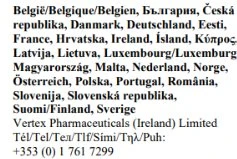 Elenco di nomi di paesi europei in varie lingue seguito dai contatti di Vertex Pharmaceuticals Ireland Limited con numero di telefono