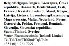 List of names of European countries in various languages followed by the name Vertex Pharmaceuticals Ireland Limited and the international telephone number